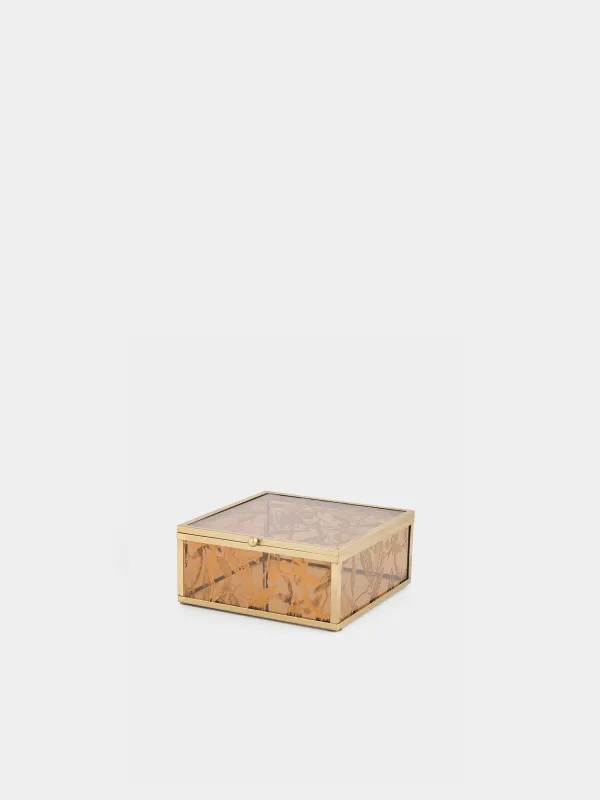Шкатулка для украшений, 15х16 см, стекло/металл, золотистая, Листья, Collection, image-0