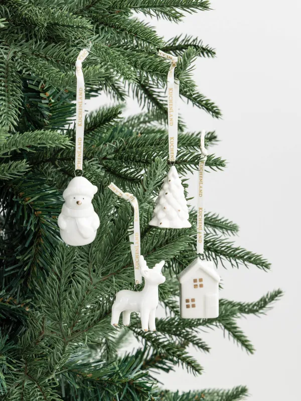 Набор елочных игрушек, 5 см, 4 шт, фарфор P, белый, Дом/Ель/Снеговик/Олень, Figure christmas, image-3
