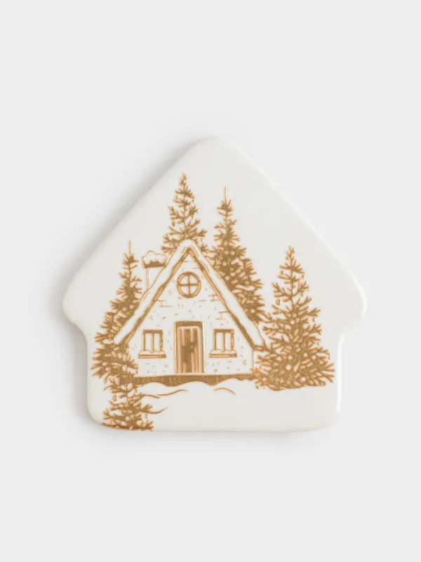 Подставка под кружку, 11х11 см, керамика/пробка, молочная, Домик в лесу, Forest house, image-0