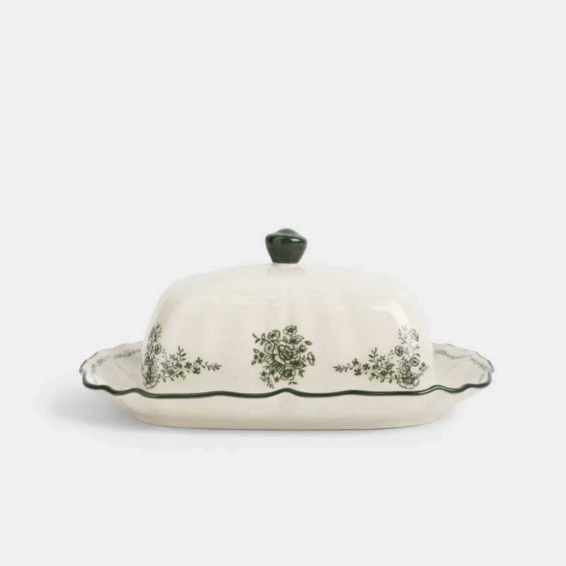 Масленка, 20 см, фарфор P, прямоугольная, молочная, Зеленые цветы, Green lace