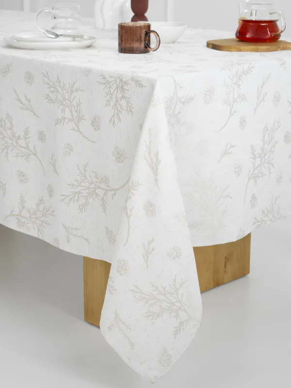 Скатерть, 170х250 см, жаккард, полиэстер, бежевая, Ветви и шишки, Conifer branches, image-3