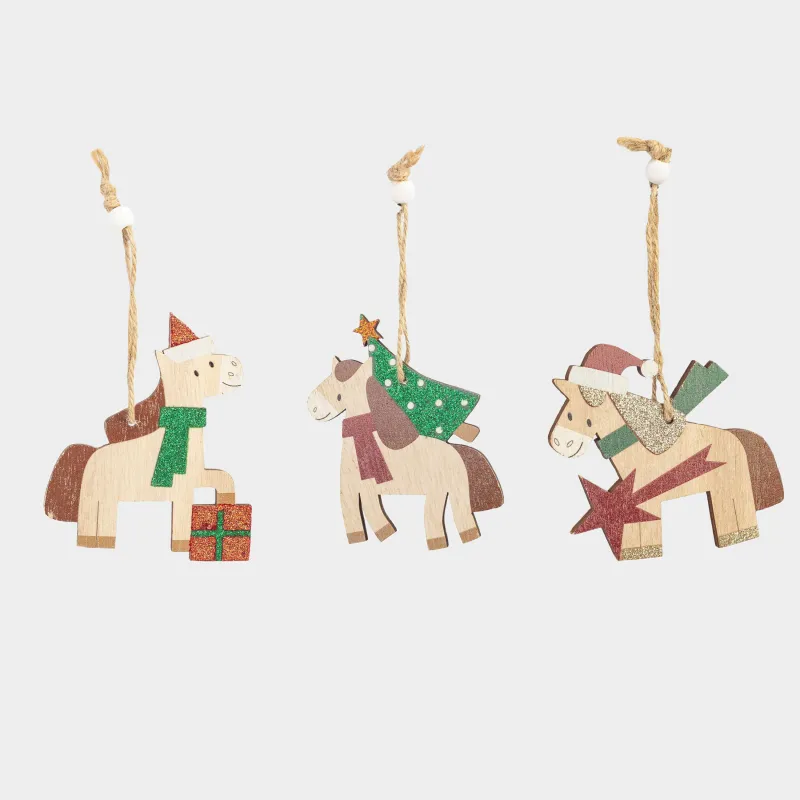 Набор елочных игрушек, 10 см, 9 шт, дерево, Лошадь, Figure wood