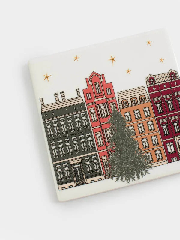 Подставка под кружку, 11х11 см, квадратная, керамика/пробка, Город, House built, image-3