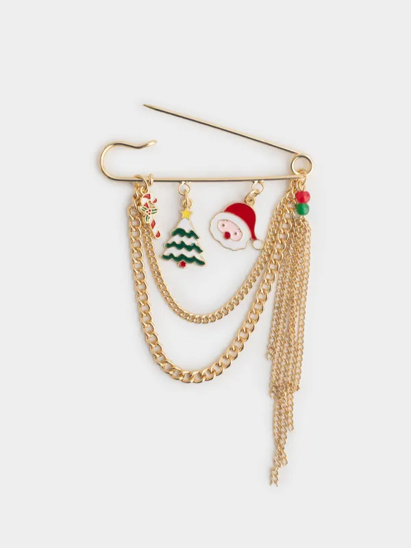 Брошь, 7 см, металл, золотистая, Дед мороз и елка, Jewelry christmas, image-2