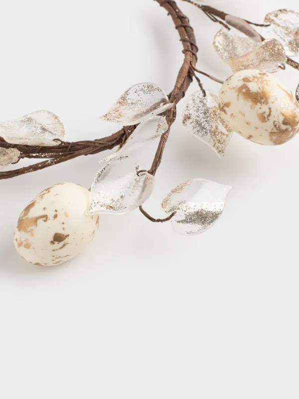 Венок декоративный, 12/18 см, пластик/пенопласт, Золотистые листья и яйца, Rustic Easter decor, image-2