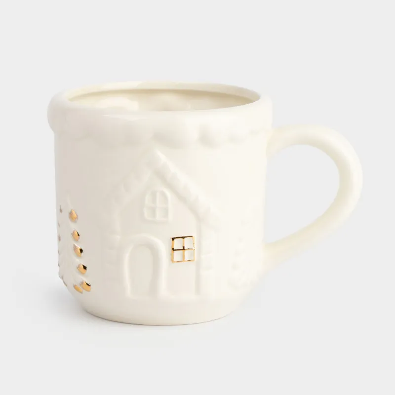 Кружка, 450 мл, керамика, молочно-золотистая, Дом с елками, Snow sparks