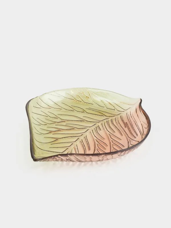Блюдо, 27х23х4 см, стекло, зелено-янтарное, Лист, Leaves, image-0