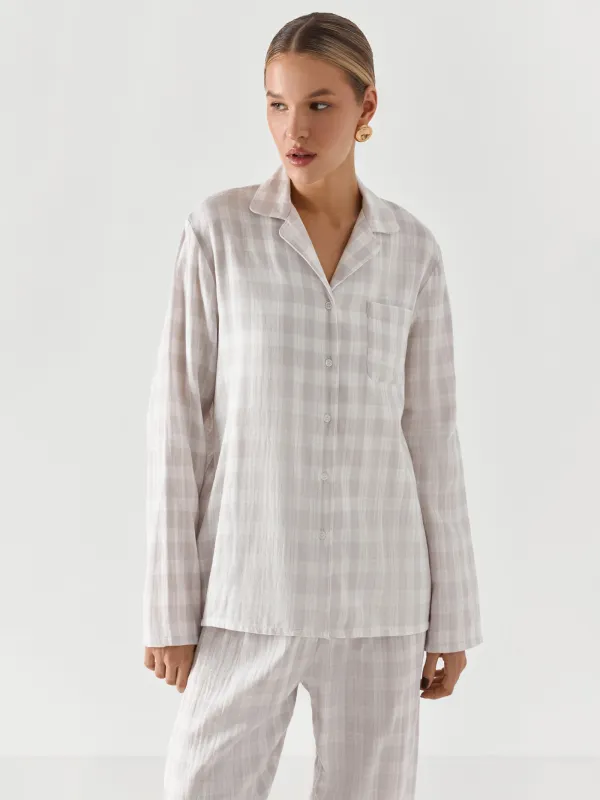Рубашка женская, с длинным рукавом, хлопок, серая, Клетка, Javi, image-0