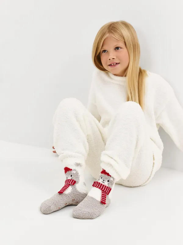 Носки детские, домашние, р. 27-29, в коробке, полиэстер, молочно-серые, Кот в шарфе, Merry, image-7