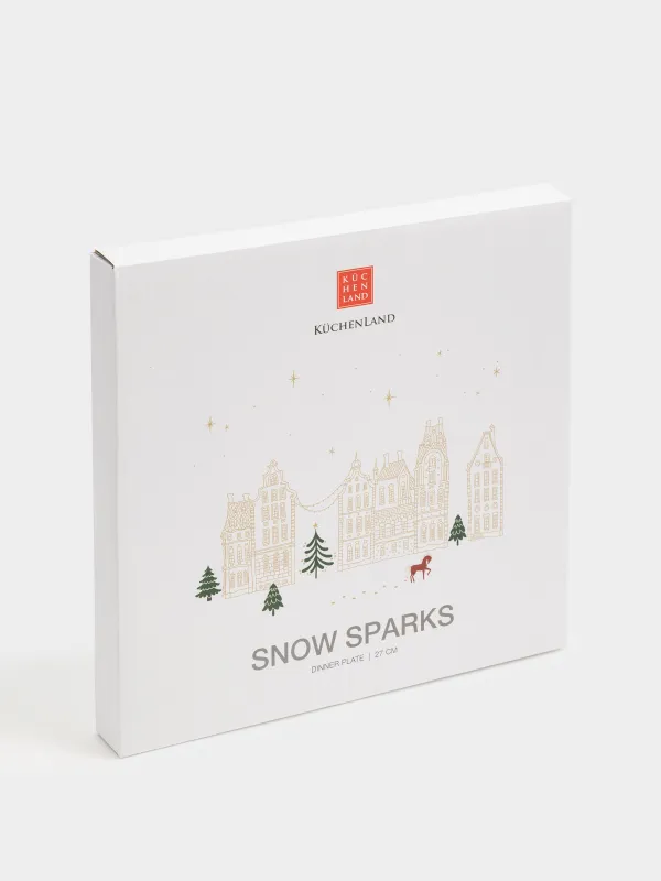 Тарелка обеденная, 27 см, фарфор N, молочно-золотистая, Домики и лошадь, Snow sparks, image-6