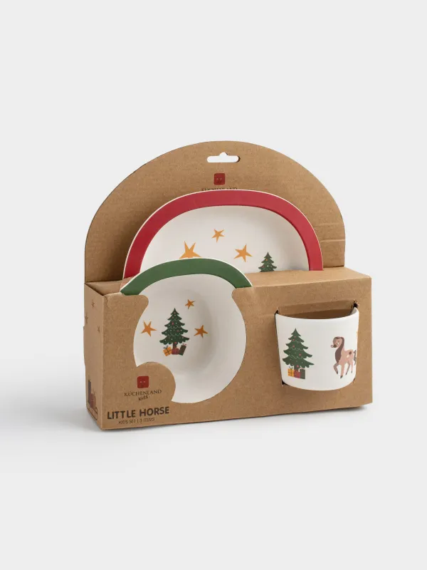 Набор посуды, детский, 1 перс, 3 пр, бамбук, красно-зеленый, Лошадки с елкой, Little horse, image-6