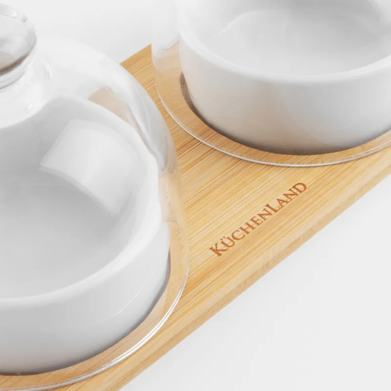 Набор для закусок, 4 пр, на подставке, керамика/бамбук, белый, Пиалы с крышкой, Bamboo, image-5