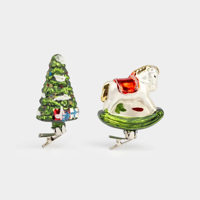 Набор елочных игрушек, 7 см, 2 шт, на клипсе, стекло, Лошадь и ель, Figure christmas