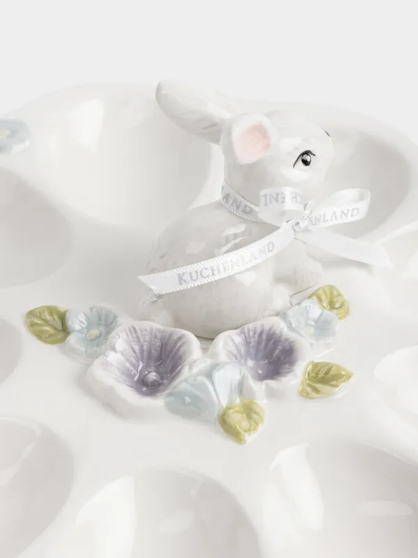 Блюдо пасхальное, 22x9 см, 9 отд, керамика D, молочно-серое, Кролик в цветах, Easter, image-1