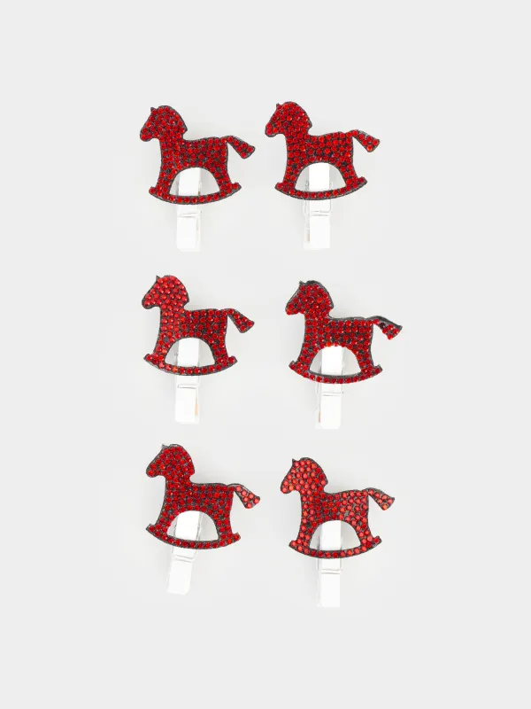 Клипса декоративная, 3 см, 6 шт, со стразами, дерево, красная, Лошадка, Figure wood, image-0