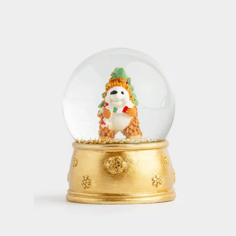 Снежный шар, 8 см, с подсветкой, стекло/полирезин, золотистый, Еж с елкой, Golden style