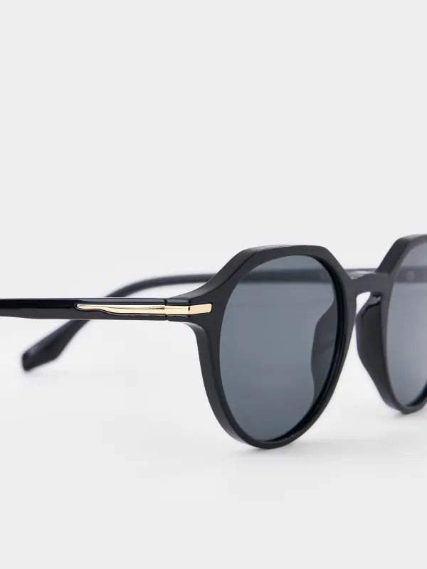 Очки солнцезащитные, пластик/акрил, круглые, черные, Round, image-2