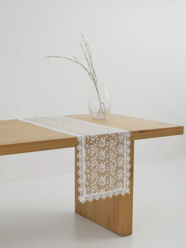 Дорожка настольная, 40х160 см, с кружевом, полиэстер, белая, Ажурные цветы, Lace flowers, image-2