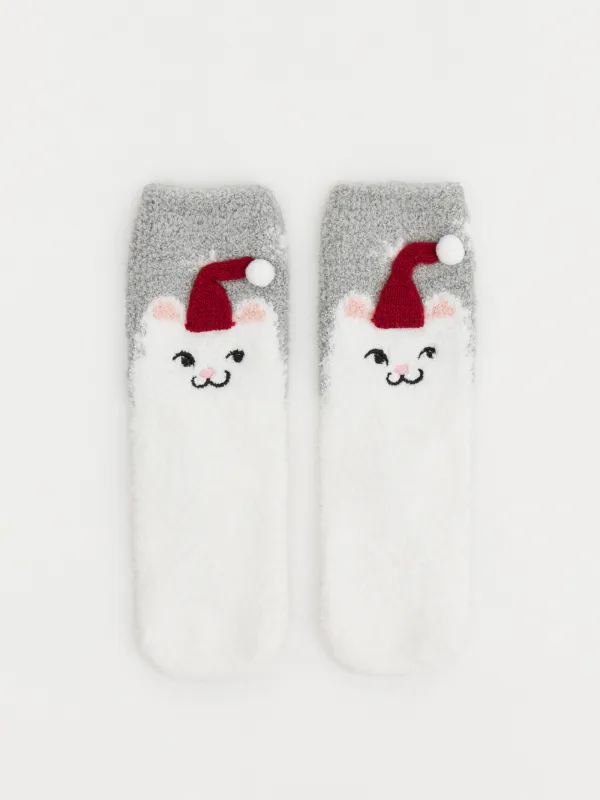 Носки детские, домашние, в коробке, полиэстер, серо-молочные, Кот в колпаке, Merry, image-0