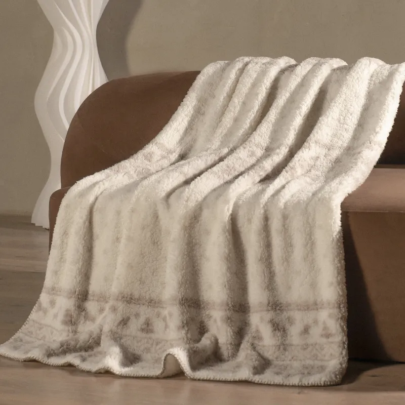 Плед, 130х170 см, шерпа, молочно-бежевый, Узоры, Sherpa