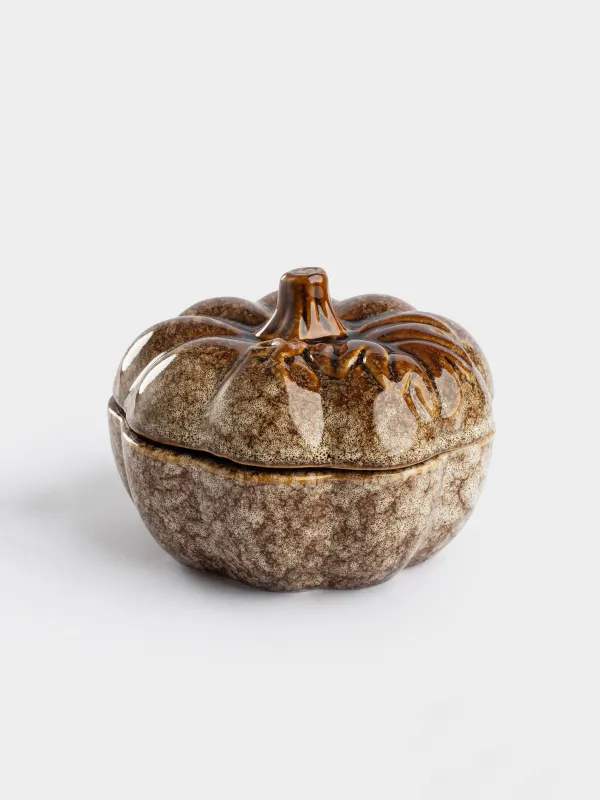 Емкость для хранения, 12x9 см, 300 мл, фарфор P, молочно-коричневая, Тыква с листом, Colors autumn, image-0