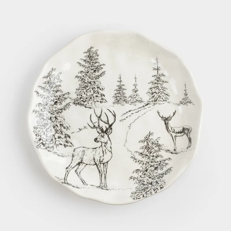 Тарелка закусочная, 23 см, керамика, белая, Олени в лесу, Crumple print