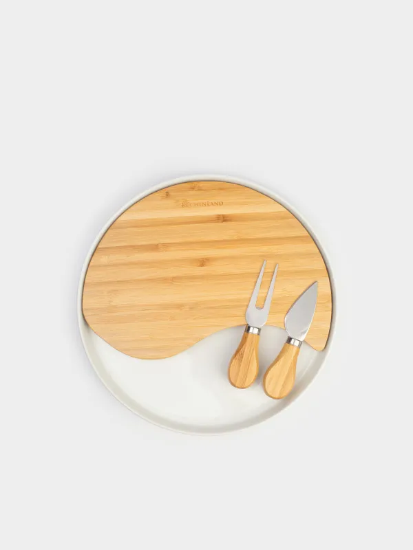 Набор для сыра, 4 пр, блюдо-доска на подставке, керамика/бамбук, Круг, Cheese, image-2