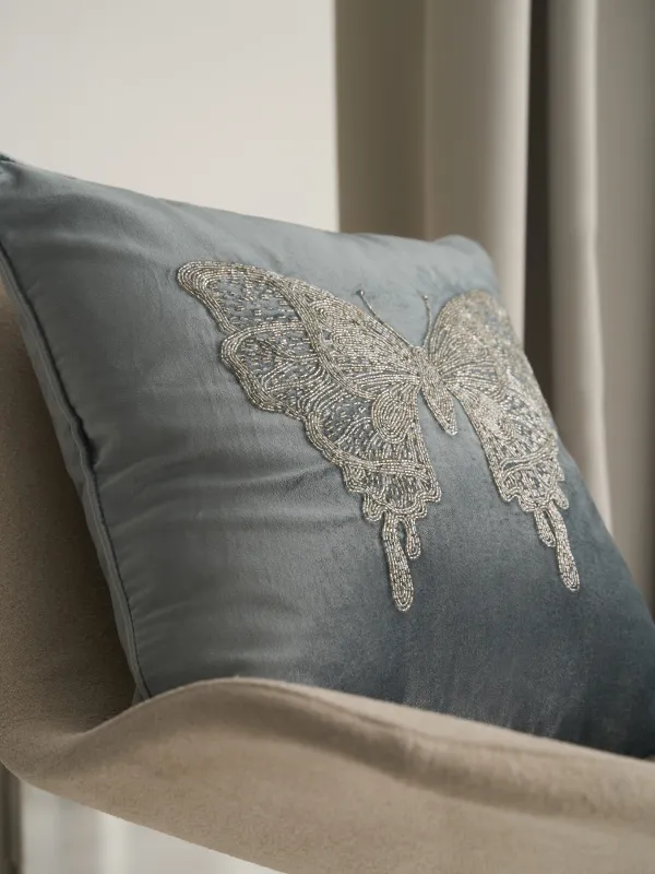 Подушка декоративная, 50х50 см, вельвет/бисер, серая, Бабочка, Bugs, image-5