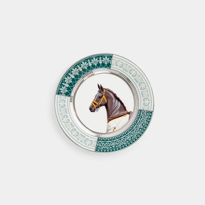 Тарелка закусочная, 21 см, фарфор F, бело-зеленая, с серебристым кантом, Конь, Breton horse