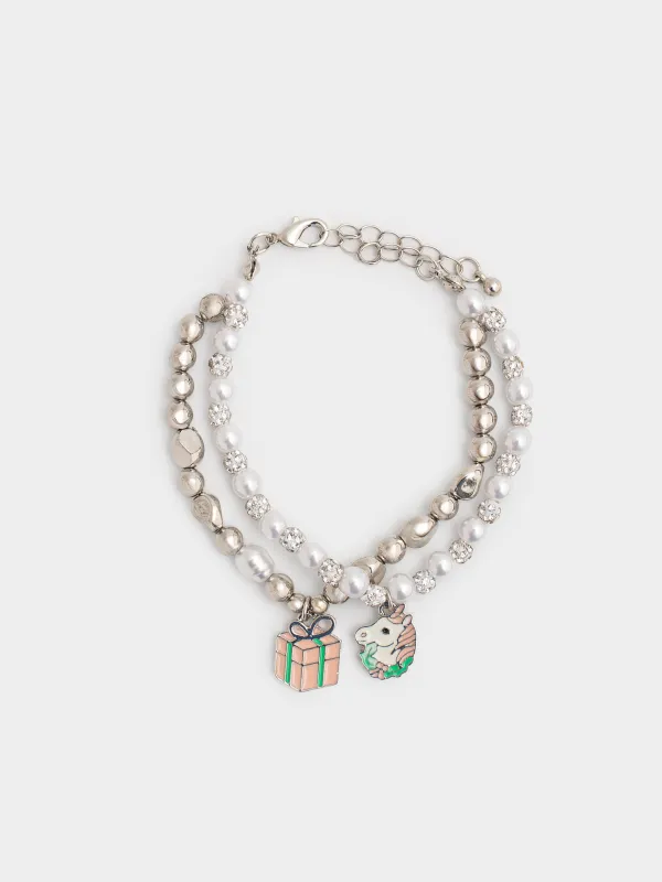 Набор браслетов, 16 см, 2 шт, детский, металл/пластик, серебристый, Бусины, Pearl