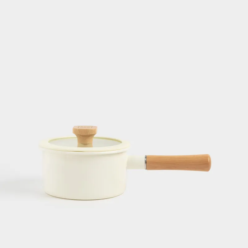 Ковш, 16 см, 1,6 л, с крышкой, металл эмалированный/дерево, молочный, Enamel wood