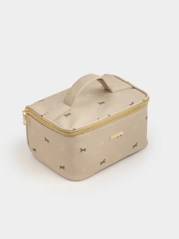 Косметичка, 25х13 см, с ручкой, полиуретан, бежевая, Лошади, Beauty horse, image-1