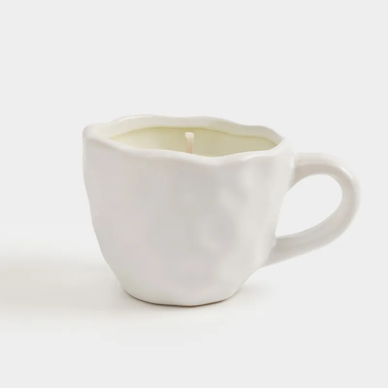 Свеча ароматическая, 9 см, в подсвечнике, керамика, белая, Vanilla, Мятый эффект, Crumple, image-1