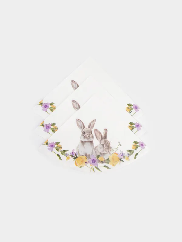 Салфетки бумажные, 33 см, 20 шт, круглые, белые, Кролики в цветах, Flora Easter, image-1
