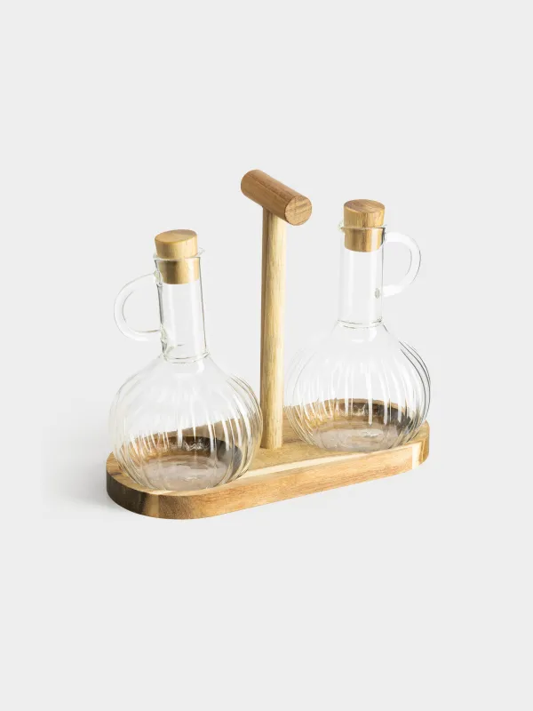 Набор для масла и уксуса, 300 мл, 2 шт, на подставке, стекло/дерево, Noble tree, image-1