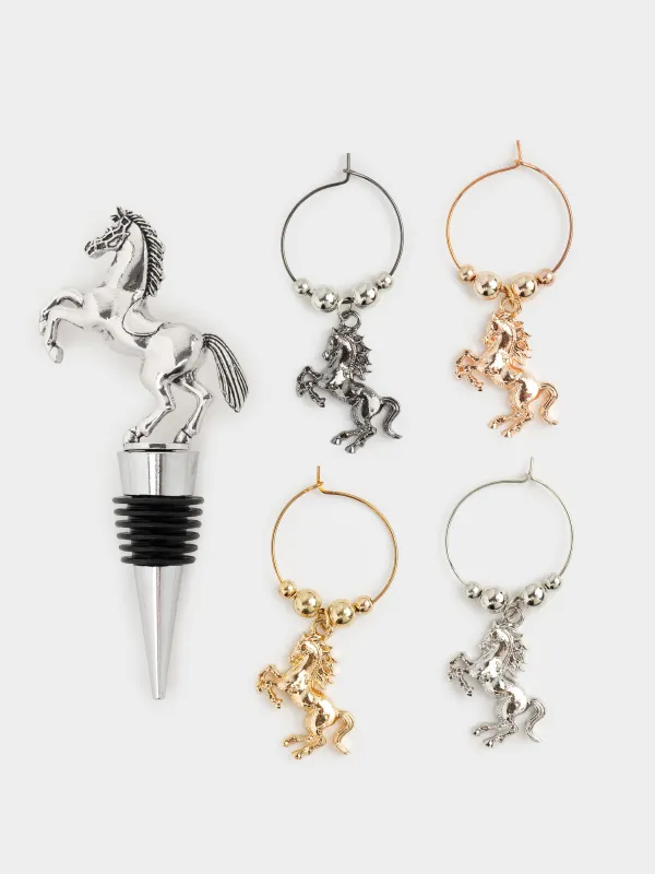 Пробка для винной бутылки с подвесками, 5 пр, металл/бусины, Конь, Horse silver, image-0