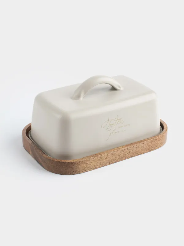 Масленка, 16 см, металл/дерево, прямоугольная, бежевая, Ritlen, image-1