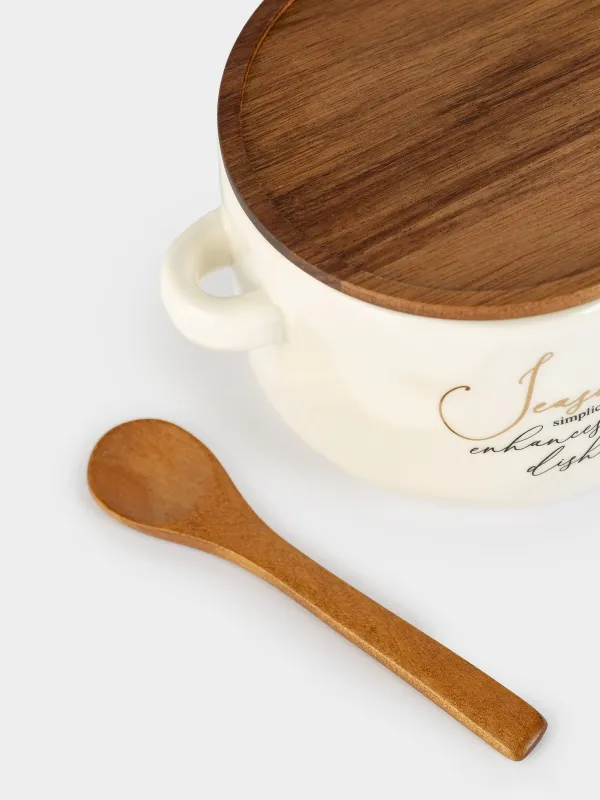 Емкость для специй, 12x9 см, 550 мл, с ложкой, керамика D/дерево, Мятый эффект, Crumple kitchen, image-2