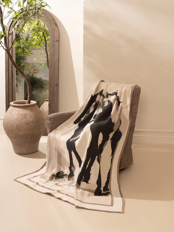 Плед, 130х170 см, хлопок, коричневый, Скетч лошадей, Horse, image-1