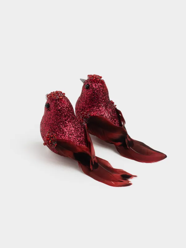 Украшение декоративное, 10 см, 2 шт, на клипсе, пенопласт/перо, красное, Птица, Birds NY, image-1