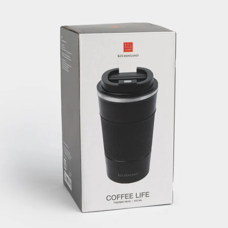 Термокружка, 450 мл, с зарфом, сталь/пластик/силикон, черная, Coffee life, image-4