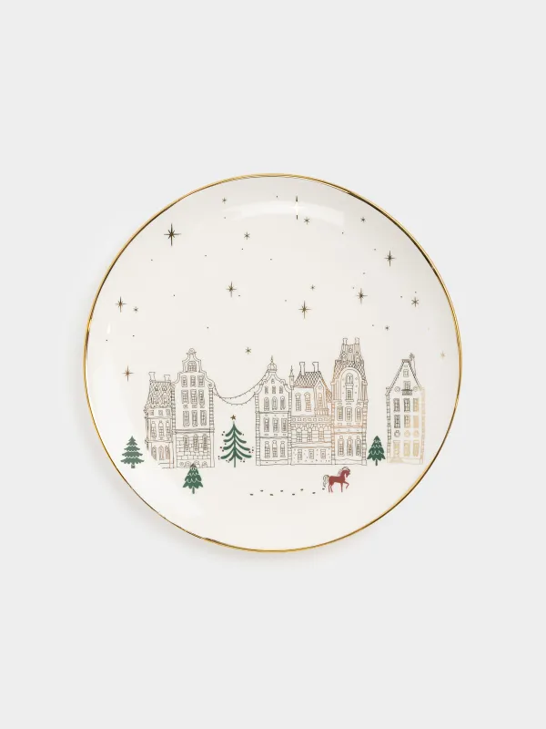 Тарелка обеденная, 27 см, фарфор N, молочно-золотистая, Домики и лошадь, Snow sparks, image-0