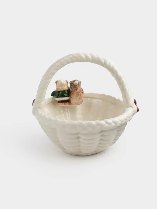 Конфетница, 19х20 см, с ручкой, керамика, молочная, Белка и медведь в корзинке, Christmas animals, image-3