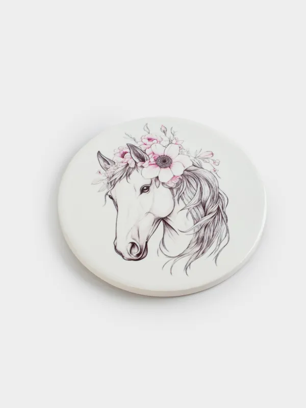 Подставка под кружку, 11 см, круглая, керамика/пробка, белая, Лошадь в венке, Horse in flowers, image-1