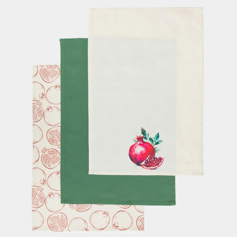 Полотенце кухонное, 40x60 см, 3 шт, хлопок, бежевое/зеленое, Гранаты, Pomegranate, image-0