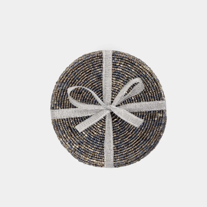 Подставка под кружку, 10 см, 2 шт, круглая, бисер, серебристо-голубая, Shiny beads, image-4