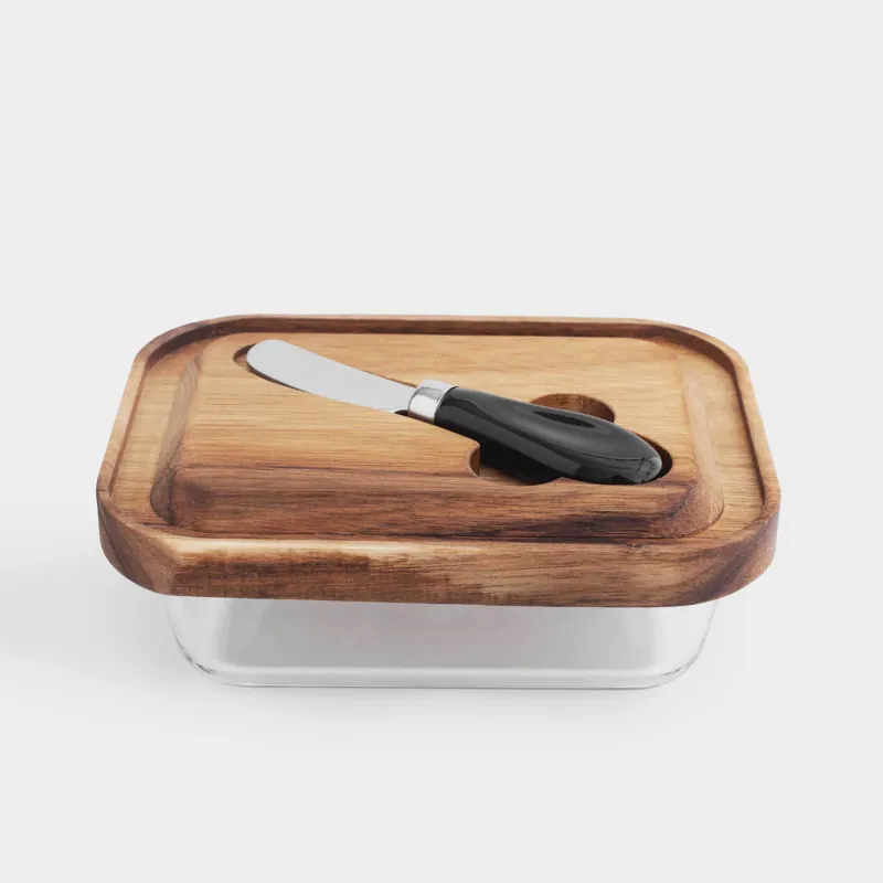 Масленка, 18 см, с ножом, стекло/дерево/сталь, прямоугольная, Noble tree