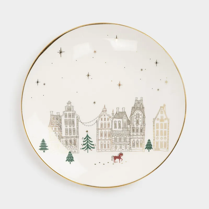 Тарелка закусочная, 20 см, фарфор N, молочно-золотистая, Домики и лошадь, Snow sparks