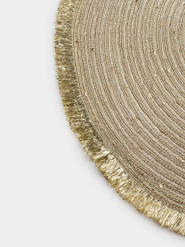 Салфетка под приборы, 38 см, с бахромой и пайетками, полиэстер, круглая, золотистая, Rotary shine, image-3