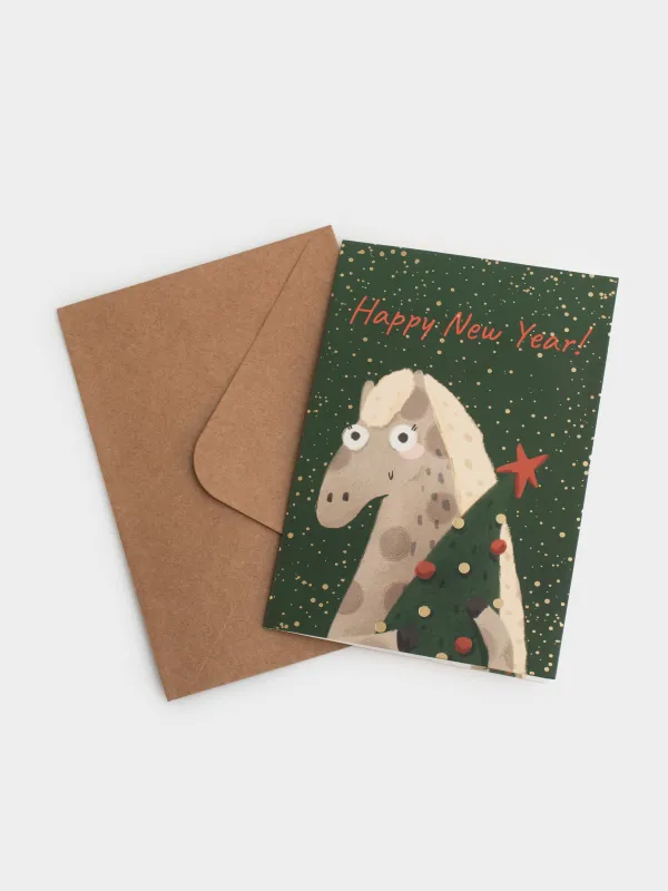 Открытка подарочная, 12х17 см, бумага, зеленая, Лошадь с елкой, Horse cute, image-5